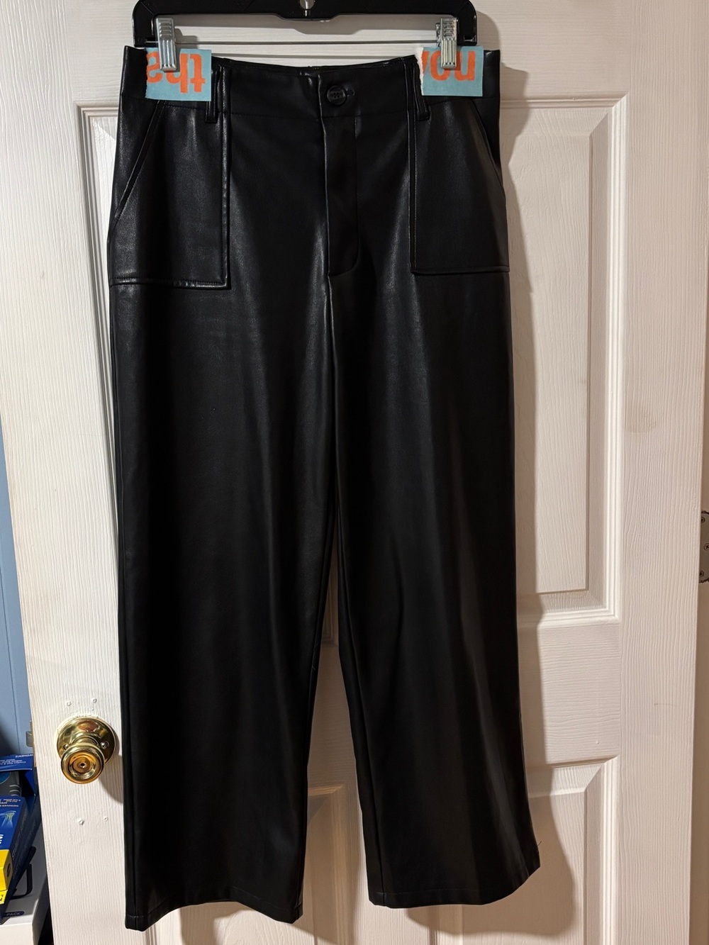 Avec Les Filles Black Faux Leather Wide Leg Cropped Pants w/Front Pockets S
